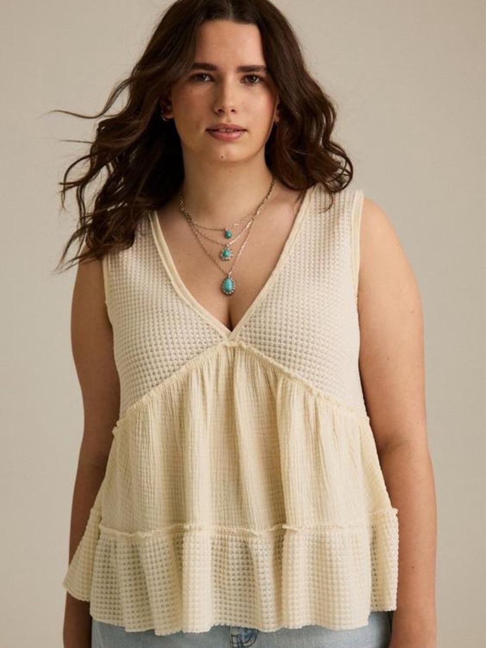 NWT Torrid Cream Waffle Knit Tiered V-Neck Sleeveless Babydoll Top